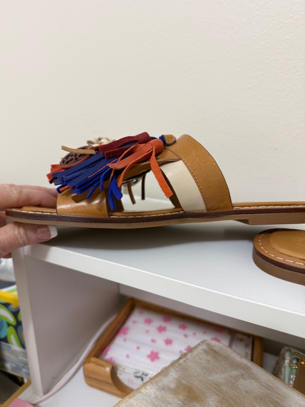 Tory Burch Tan Leather Tassel Slide Sandals with Multicolor Fringe - Picture 6 of 11